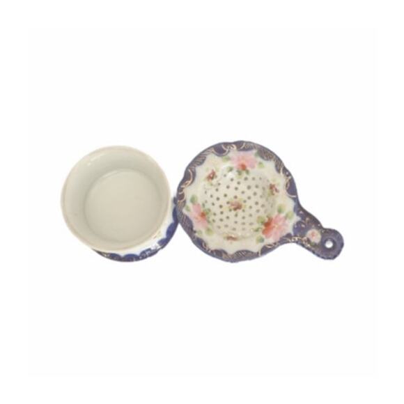 Vintage Tea Strainer and Drip Cup Hand Painted BNavy and Pink Flowers - Picture 3 of 10